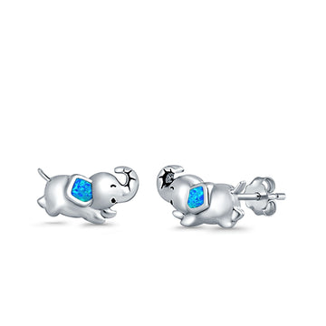 Baby Elephant Stud Earrings Lab Created Blue Opal 925 Sterling Silver (6mm)